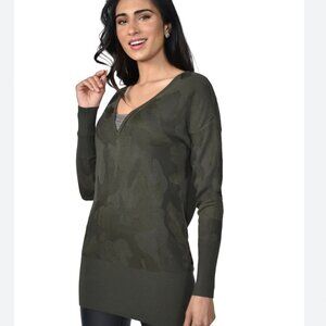 WHBM Army Green Camouflage Jacquard Print Long-Lined Sweater Tunic V-Neck Size S